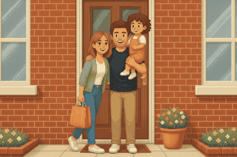 Pixel-art portrait of the TillSave family — mum, dad and toddler on the doorstep of a red-brick terraced house